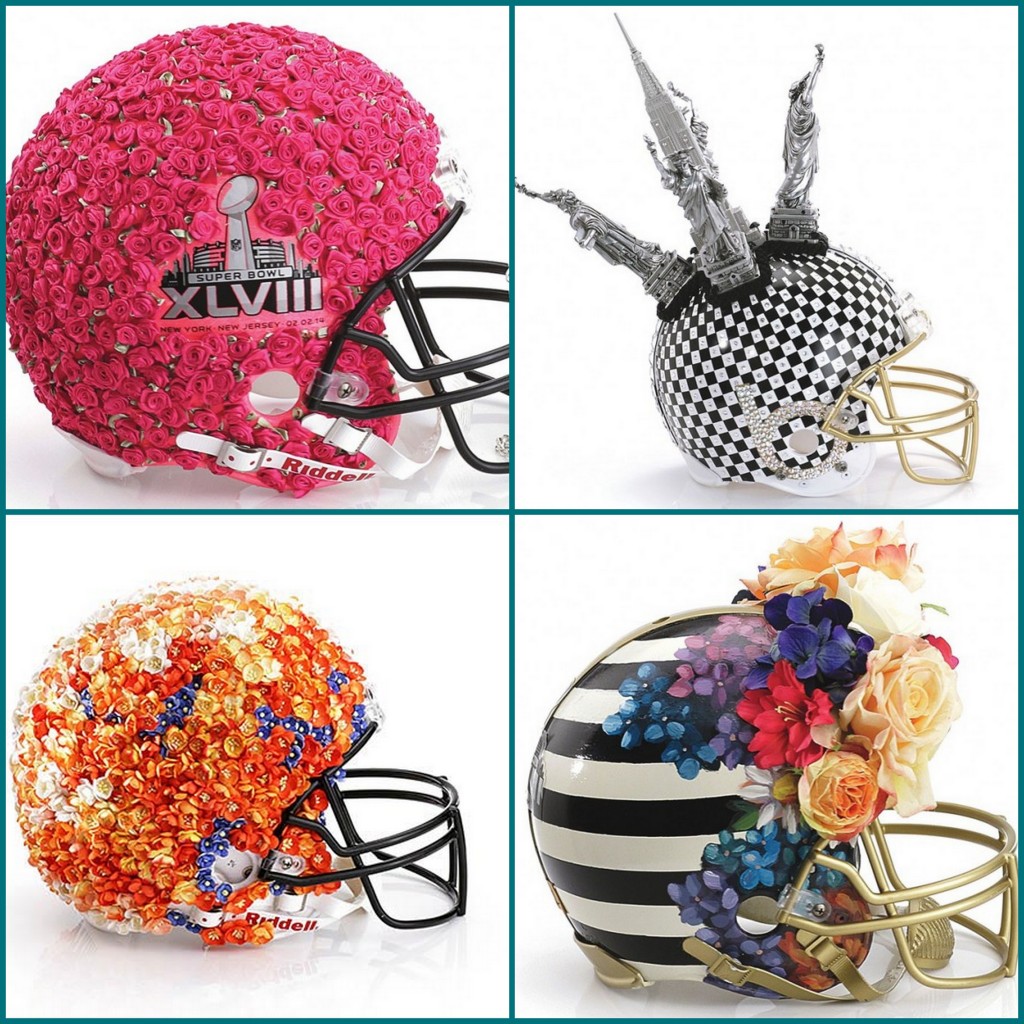 Haute Couture NFL helmets designed by (l to r): Betsey Johnson, Bloomingdales, Egenia Kim, and Nicole Miller.